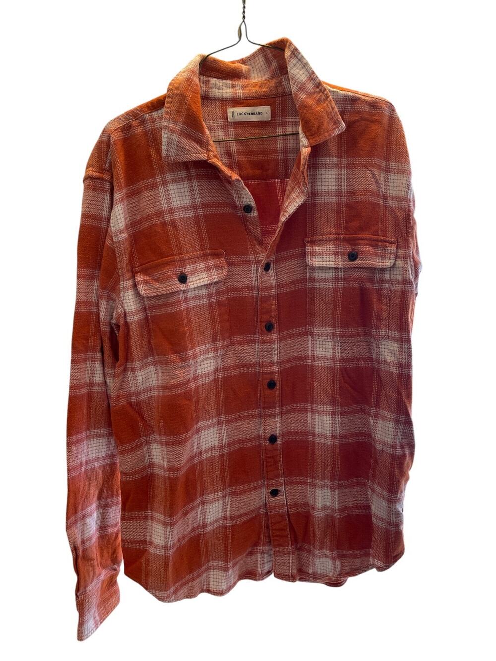 Lucky Brand Men's Large BUTTON DOWN Flannel Shirt Plaid Orange